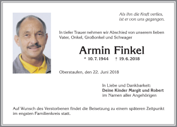 Traueranzeige von Armin Finkel von Allgäuer Anzeigeblatt