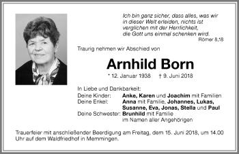 Traueranzeige von Arnhild Born von Memminger Zeitung