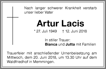 Traueranzeige von Artur Lacis von Memminger Zeitung