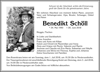 Traueranzeige von Benedikt Schöll von Allgäuer Zeitung,Kempten
