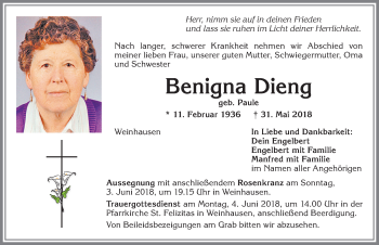 Traueranzeige von Benigna Dieng von Allgäuer Zeitung, Kaufbeuren/Buchloe