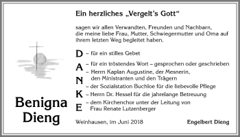 Traueranzeige von Benigna Dieng von Allgäuer Zeitung, Kaufbeuren/Buchloe