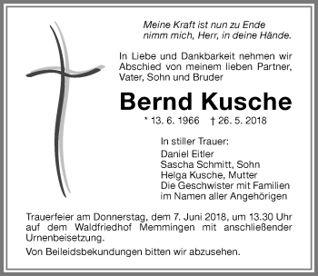 Traueranzeige von Bernd Kusche von Memminger Zeitung
