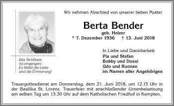 Traueranzeige von Berta Bender von Allgäuer Zeitung,Kempten