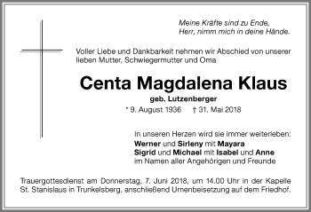 Traueranzeige von Centa Magdalena Klaus von Memminger Zeitung
