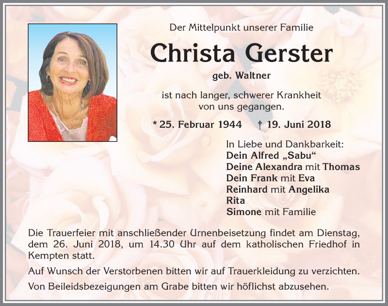 Traueranzeige für Christa Gerster vom 23.06.2018 aus Allgäuer Zeitung,Kempten
