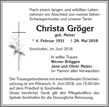 Traueranzeige von Christa Gröger von Allgäuer Anzeigeblatt