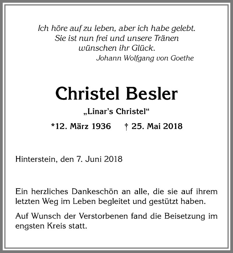  Traueranzeige für Christel Besler vom 07.06.2018 aus Allgäuer Anzeigeblatt