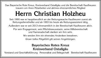 Traueranzeige von Christian Holzheu von Allgäuer Zeitung, Kaufbeuren/Buchloe