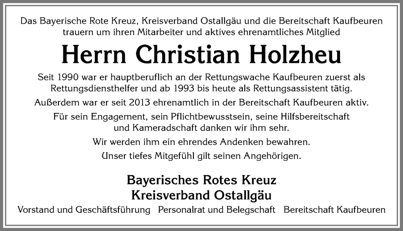  Traueranzeige für Christian Holzheu vom 09.06.2018 aus Allgäuer Zeitung, Kaufbeuren/Buchloe