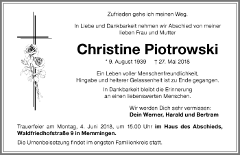 Traueranzeige von Christine Piotrowski von Memminger Zeitung