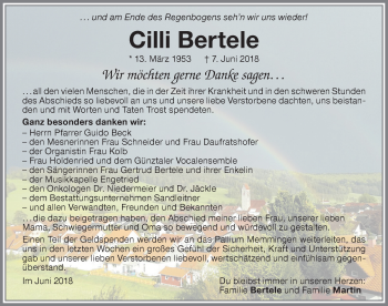 Traueranzeige von Cilli Bertele von Memminger Zeitung