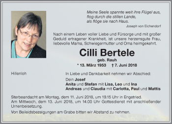 Traueranzeige von Cilli Bertele von Memminger Zeitung