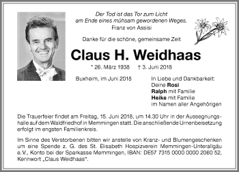 Traueranzeige von Claus H. Weidhaas von Memminger Zeitung