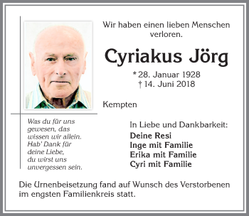 Traueranzeige von Cyriakus Jörg von Allgäuer Zeitung,Kempten