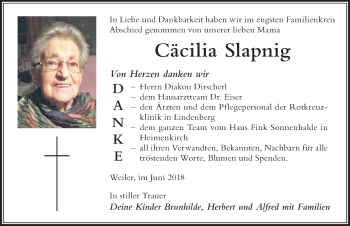 Traueranzeige von Cäcilia Slapnig von Der Westallgäuer