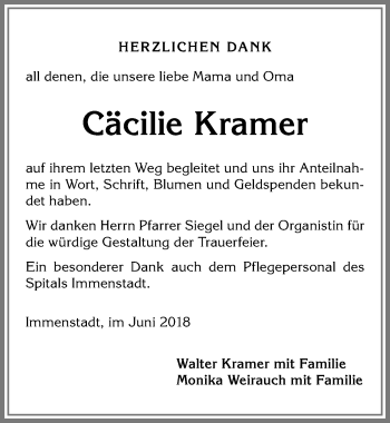 Traueranzeige von Cäcilie Kramer von Allgäuer Anzeigeblatt