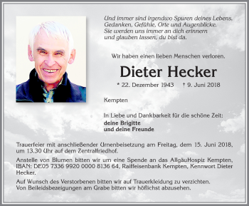 Traueranzeige von Dieter Hecker von Allgäuer Zeitung,Kempten