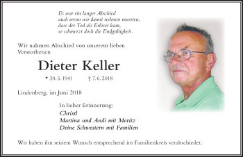 Traueranzeige von Dieter Keller von Der Westallgäuer