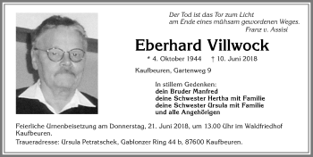 Traueranzeige von Eberhard Villwock von Allgäuer Zeitung, Kaufbeuren/Buchloe