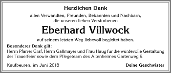 Traueranzeige von Eberhard Villwock von Allgäuer Zeitung, Kaufbeuren/Buchloe