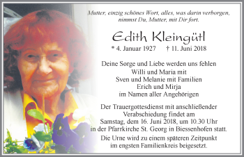 Traueranzeige von Edith Kleingütl von Allgäuer Zeitung, Marktoberdorf