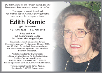 Traueranzeige von Edith Ramic von Allgäuer Zeitung, Kaufbeuren/Buchloe