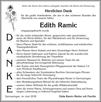 Traueranzeige von Edith Ramic von Allgäuer Zeitung, Kaufbeuren/Buchloe
