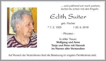 Traueranzeige von Edith Suiter von Allgäuer Zeitung, Füssen