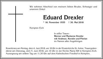 Traueranzeige von Eduard Drexler von Allgäuer Zeitung,Kempten