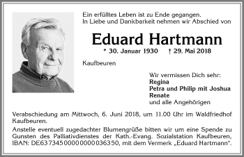 Traueranzeige von Eduard Hartmann von Allgäuer Zeitung, Kaufbeuren/Buchloe