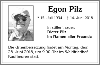 Traueranzeige von Egon Pilz von Allgäuer Zeitung, Kaufbeuren/Buchloe