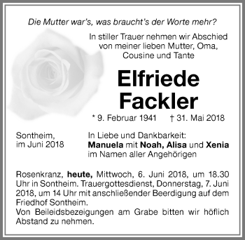 Traueranzeige von Elfriede Fackler von Memminger Zeitung