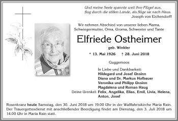 Traueranzeige von Elfriede Ostheimer von Allgäuer Zeitung,Kempten