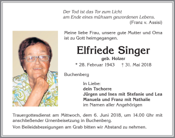 Traueranzeige von Elfriede Singer von Allgäuer Zeitung,Kempten