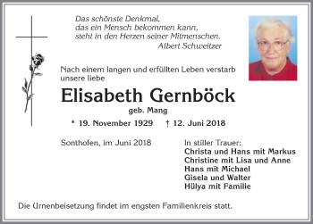 Traueranzeige von Elisabeth Gernböck von Allgäuer Anzeigeblatt