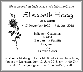 Traueranzeige von Elisabeth Haag von Allgäuer Zeitung, Füssen