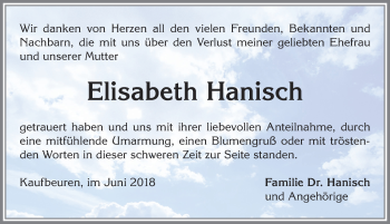 Traueranzeige von Elisabeth Hanisch von Allgäuer Zeitung, Kaufbeuren/Buchloe