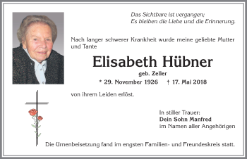 Traueranzeige von Elisabeth Hübner von Allgäuer Anzeigeblatt