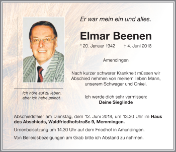 Traueranzeige von Elmar Beenen von Memminger Zeitung