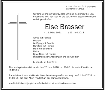 Traueranzeige von Else Brasser von Memminger Zeitung
