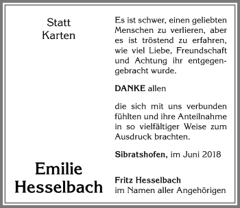 Traueranzeige von Emilie Hesselbach von Allgäuer Zeitung,Kempten