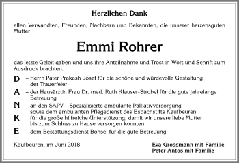Traueranzeige von Emmi Rohrer von Allgäuer Zeitung, Kaufbeuren/Buchloe