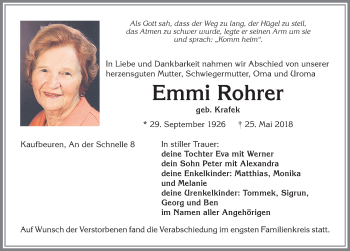 Traueranzeige von Emmi Rohrer von Allgäuer Zeitung, Kaufbeuren/Buchloe