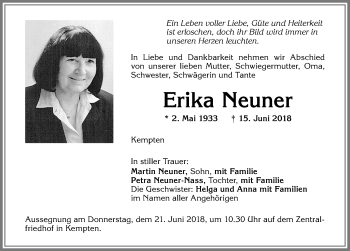 Traueranzeige von Erika Neuner von Allgäuer Zeitung,Kempten