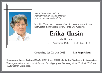 Traueranzeige von Erika Unsin von Allgäuer Zeitung