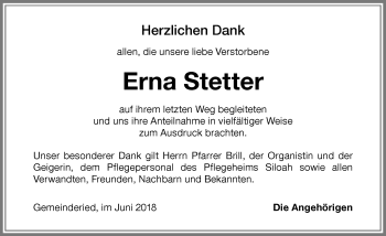 Traueranzeige von Erna Stetter von Memminger Zeitung