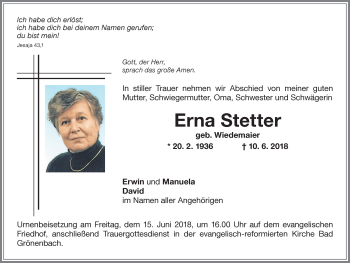 Traueranzeige von Erna Stetter von Memminger Zeitung