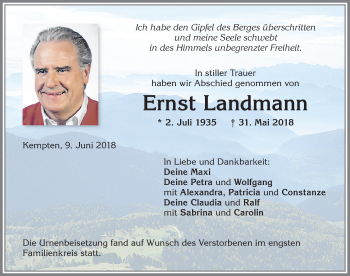 Traueranzeige von Ernst Landmann von Allgäuer Zeitung,Kempten