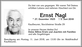 Traueranzeige von Ernst Nagl von Allgäuer Zeitung, Kaufbeuren/Buchloe